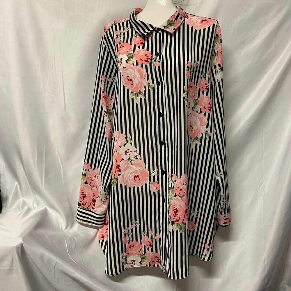 Bold Elements Blouse XL Stripe Floral Roses Cut To Curve Long Sleeve Button Up